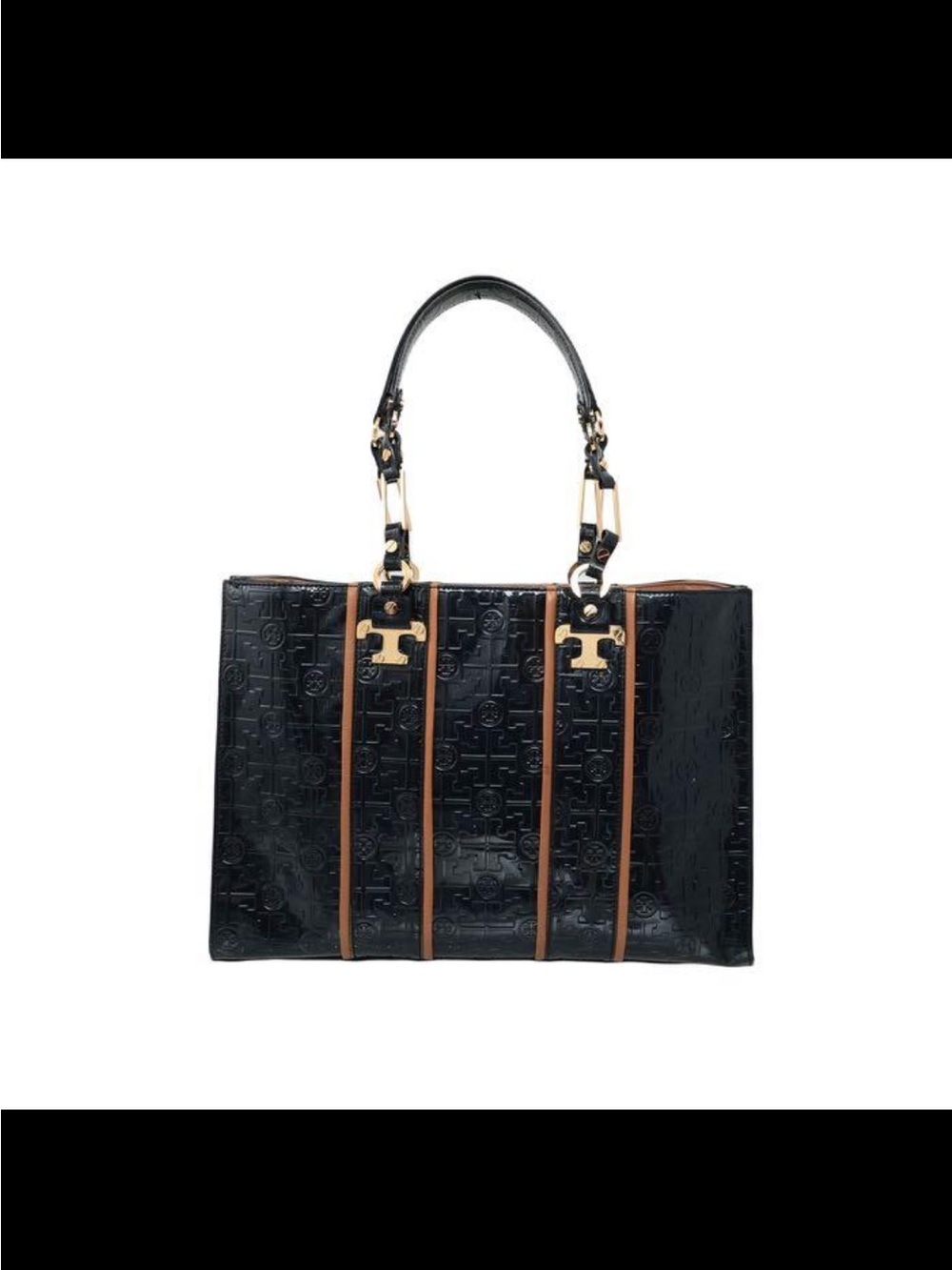 Tory Burch Black Tote with Tan Trim and Gold Hardware
